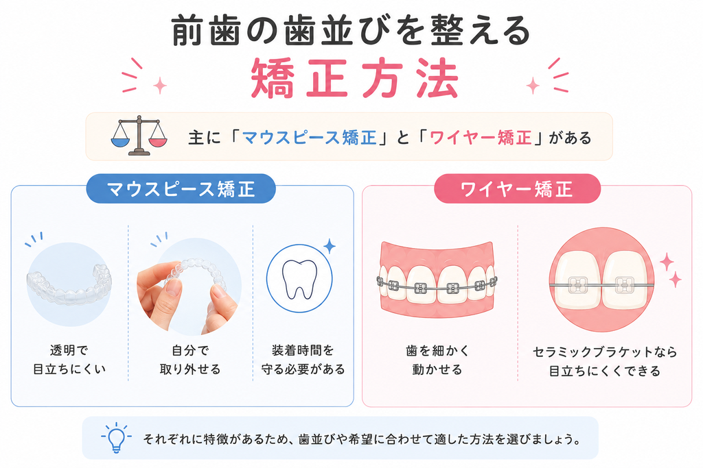 前歯の歯並び矯正の方法に関する図解