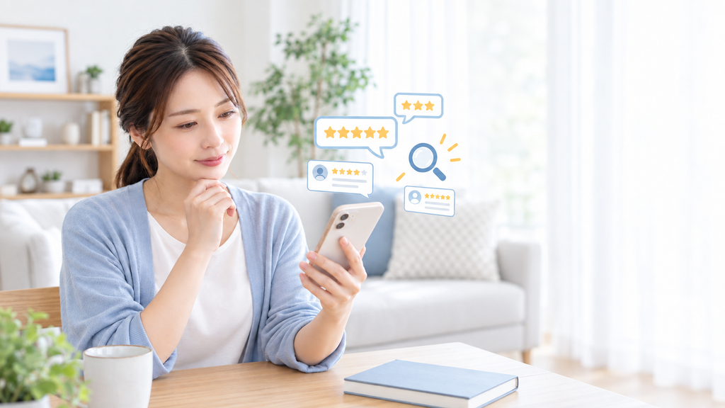 スマホで口コミを調べる女性